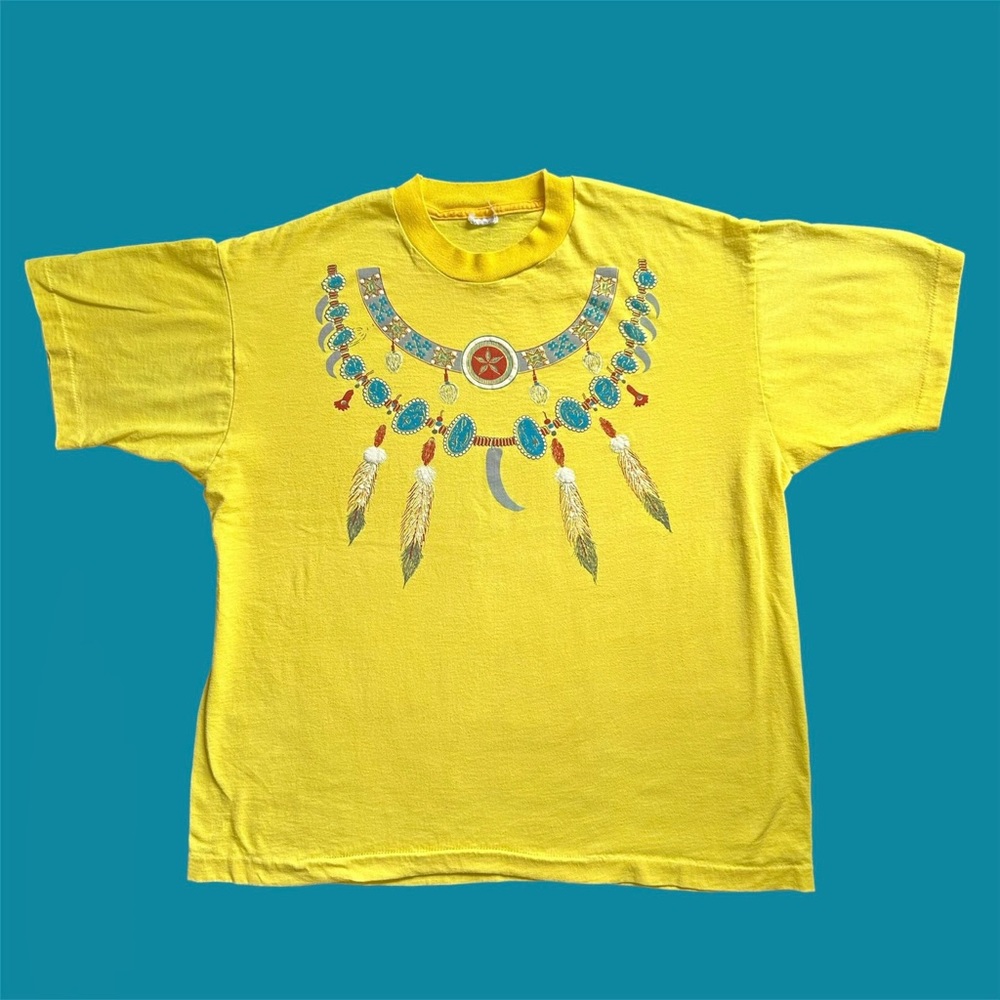 Vintage Single Stitch Native Feathers Graphic Short Sleeve Yellow XL